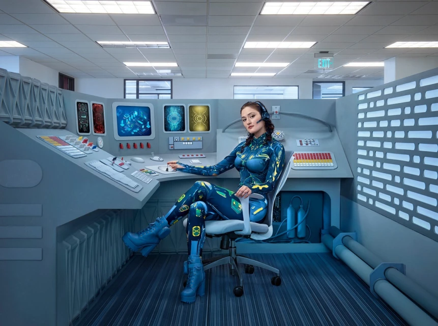 Woman in blue futuristic catsuit sits in a gray cubicle with control panels and screens, wearing a headset and platform boots.